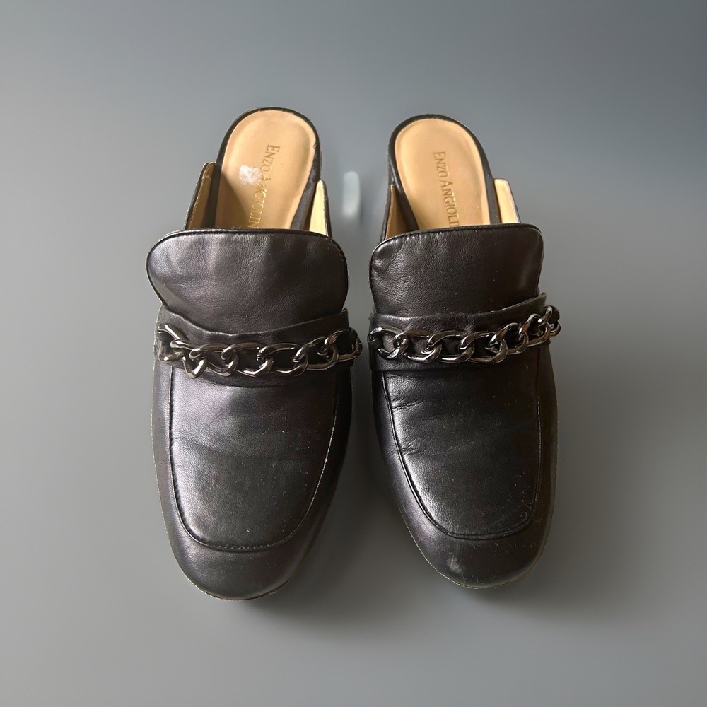 Enzo Angiolini Black Leather Chain Link Slip-On Closed Toe Mules 7.5 M